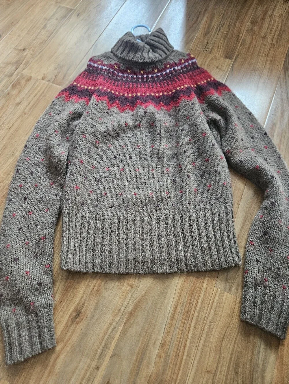 J. Crew Brown Cowlneck Fair Isle Sweater with Pink Accents Size Small
